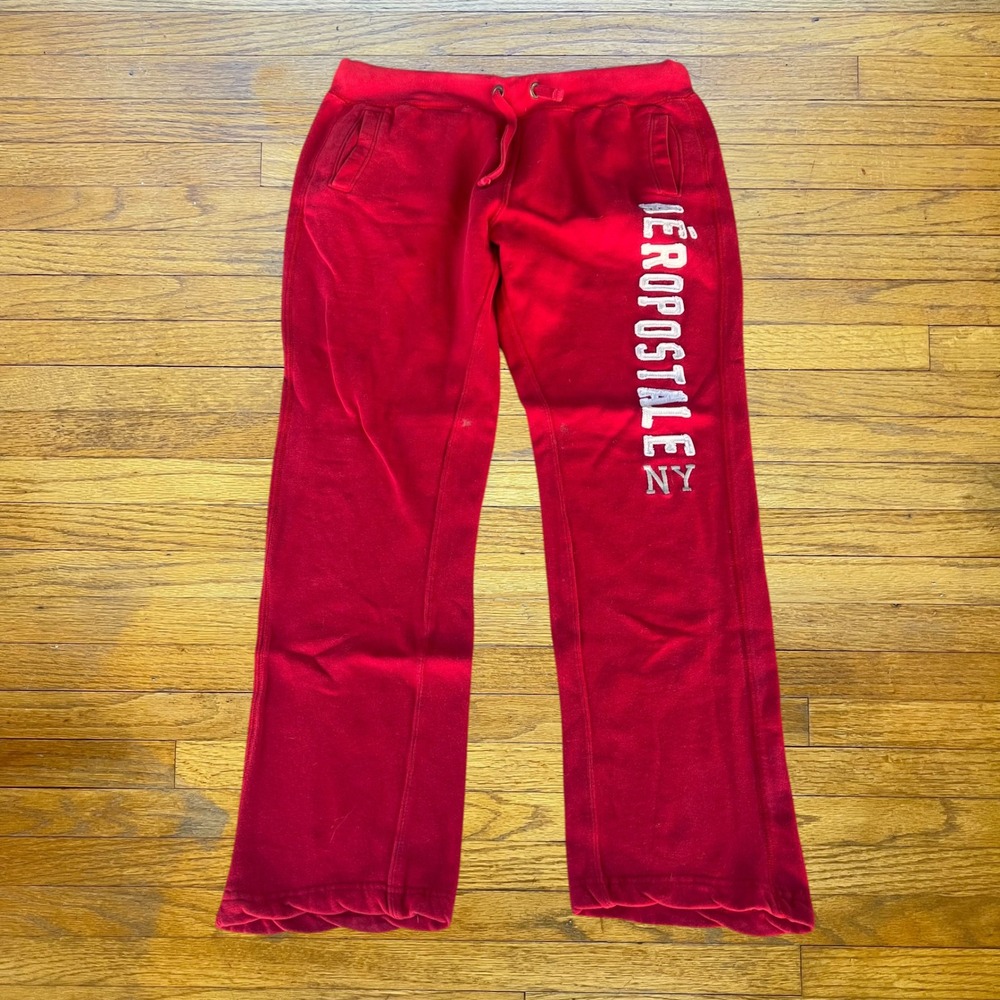 Aeropostale NY Red Sweatpants Women Medium Logo Fleece Joggers Straight Leg